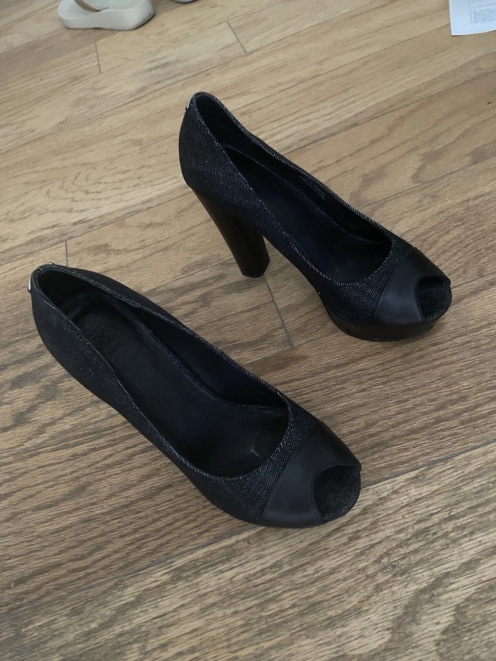 Diesel Black Gold Black Sparkle Peep-Toe Platform Heels